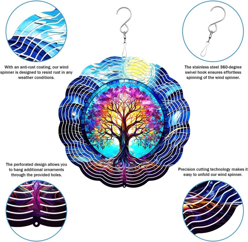 PUCPAM Tree of Life Wind Spinner, 3D Hanging Stainless Steel Garden Spinner, Wind Spinner Hanging for Outdoor & Indoor Décor, Unique Gifts for Yard Garden Decoration or Patio Décor (Tree of Life) - Image 4